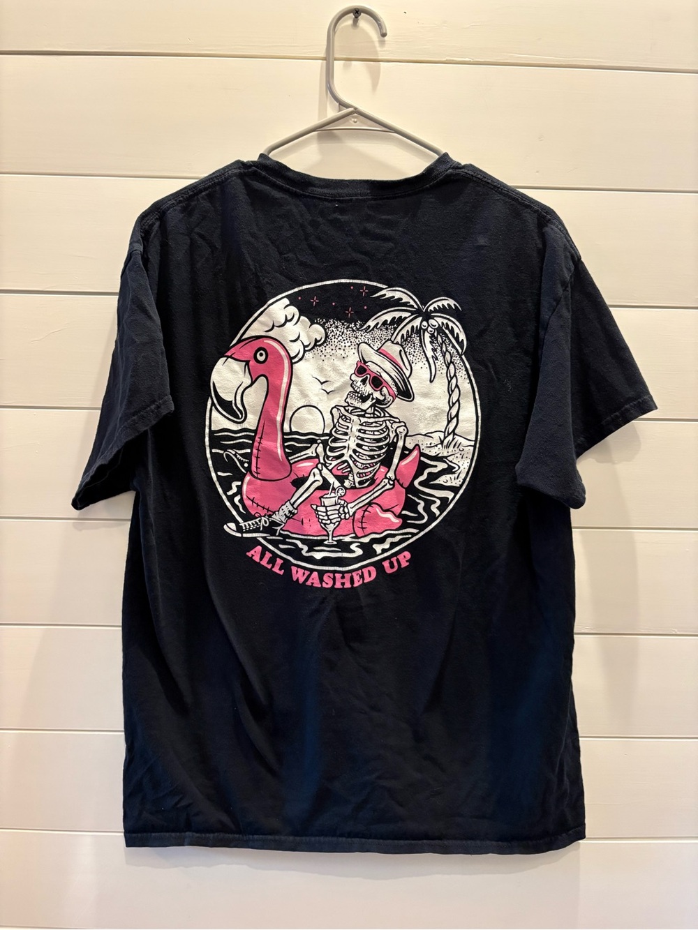 Retrofit “All Washed Up” Black Tee with Pink Flamingo Floatie Skeleton Graphic